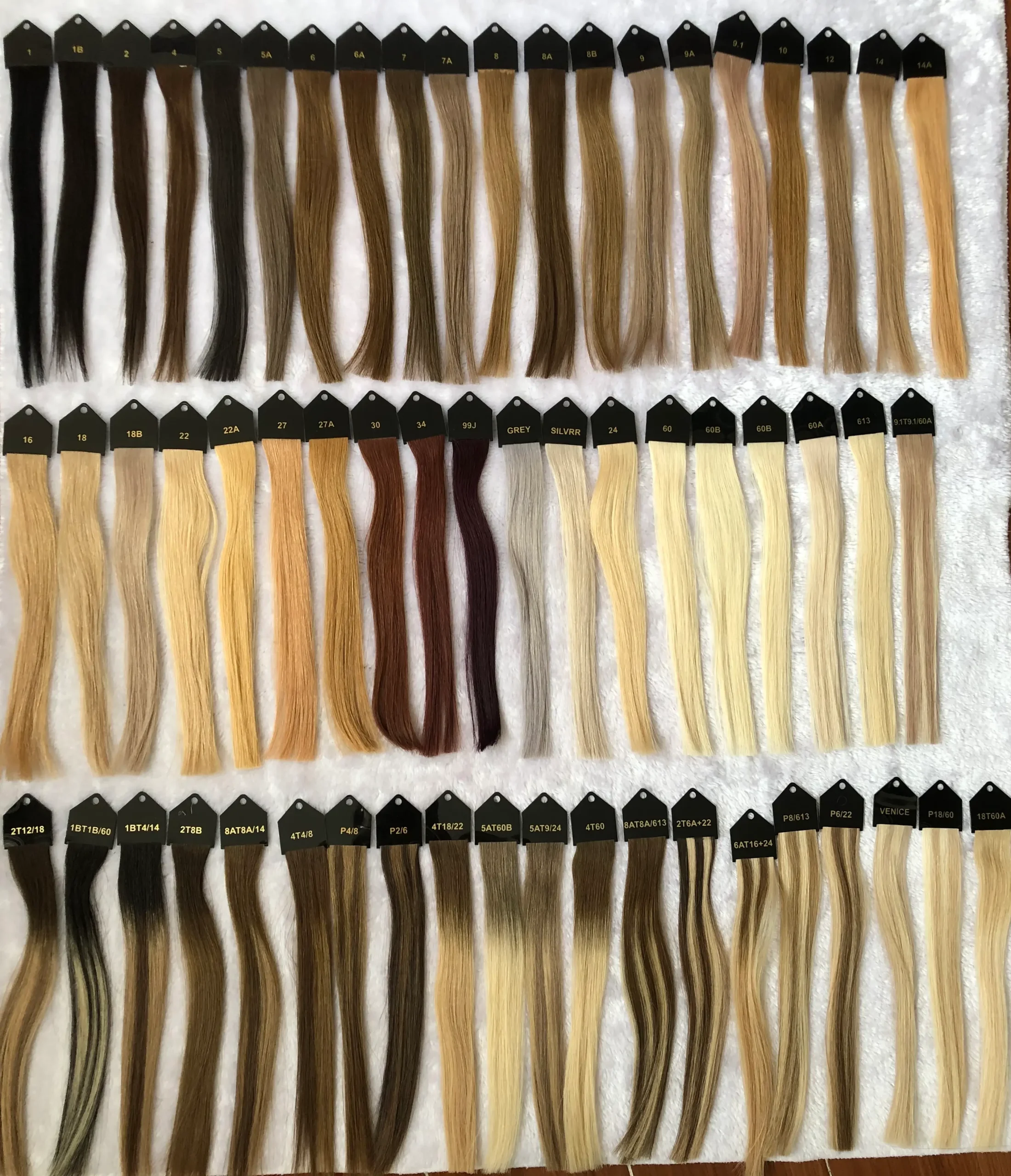 Hair color swatches arranged in dark, light and blended shades