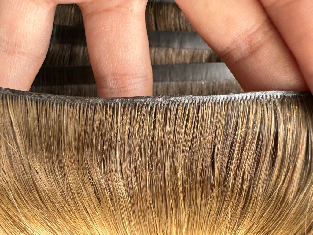 Detalle de una unión fina de cabello