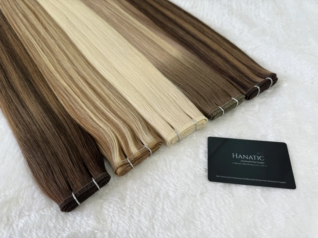 Cortinas castañas y rubias junto a una tarjeta Hanatic